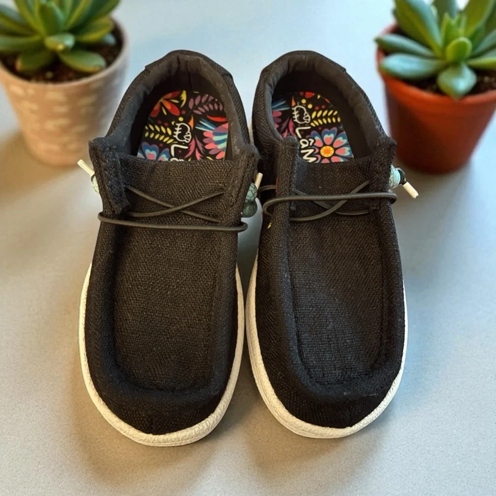 LAMO Paulie Kids Black Canvas Slip On Shoes Floral Youth Size 12 Like New